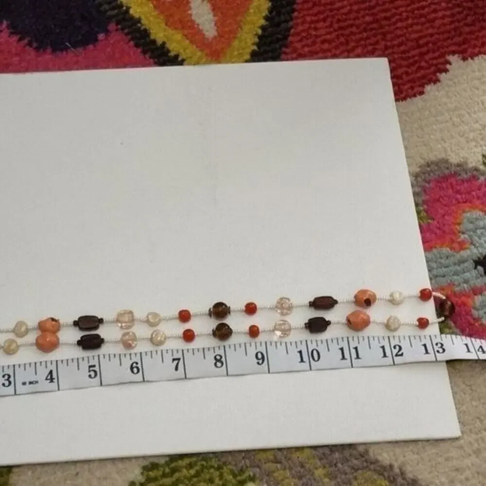 Treska Vintage Earth Tone Beaded Necklace Coral Brown Wood Glass Seed Bead 24 In